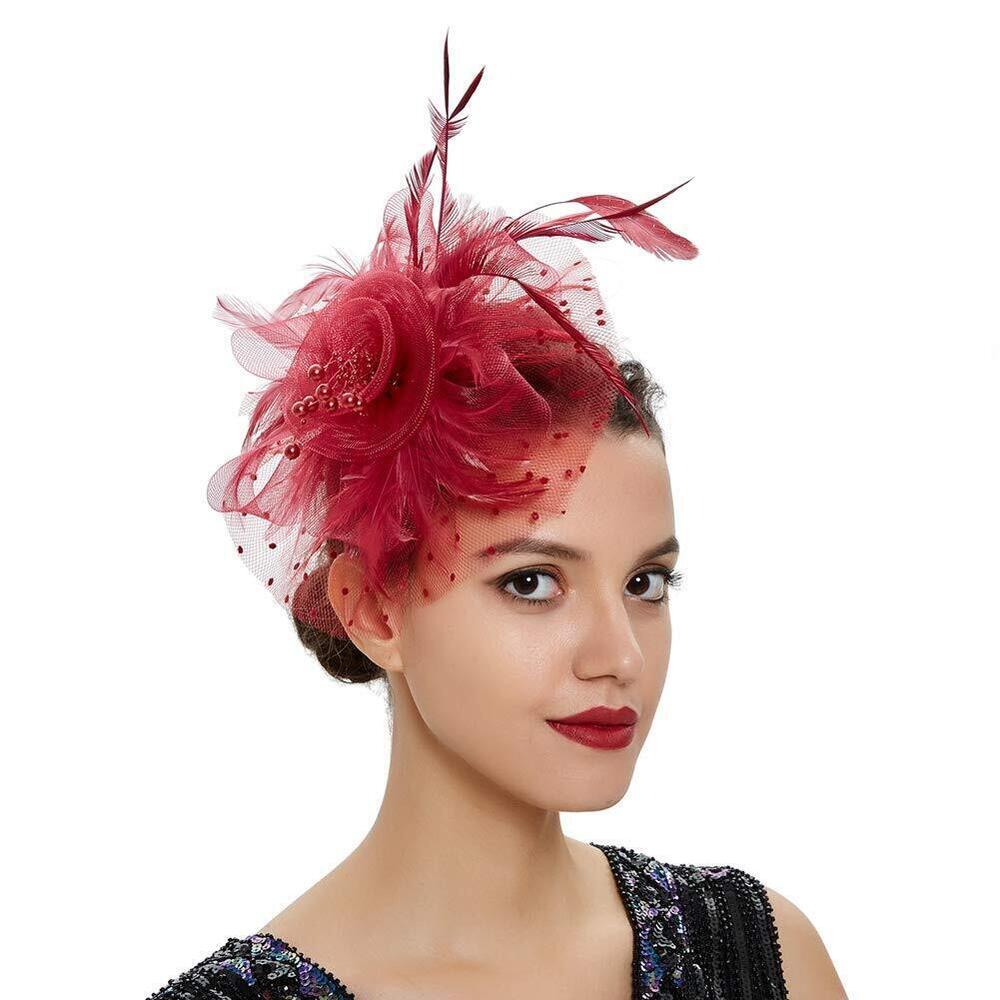 4149 1920s Women's Burgundy Fascinator Feather Kentucky Tea Party Hat With - Picture 5 of 7